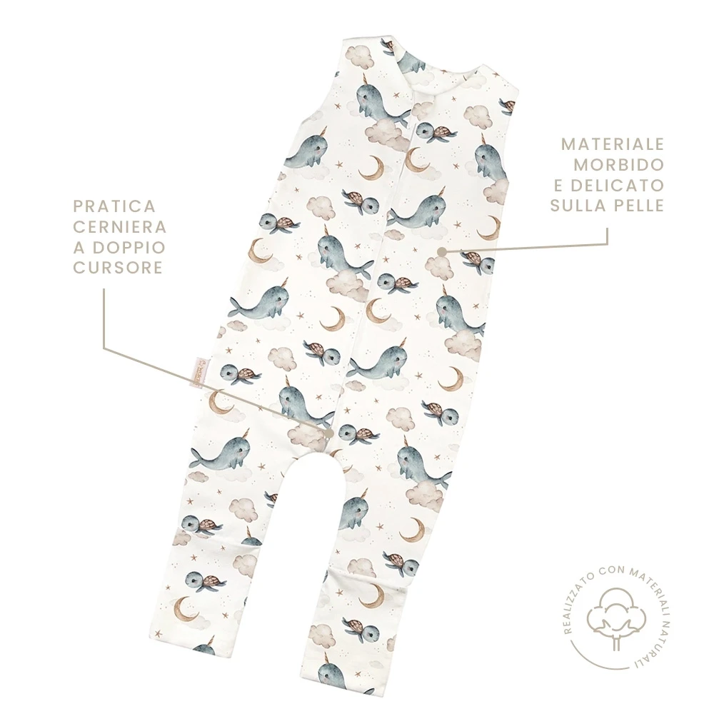 Sacco-a-pelo-con-gambe-estate-0.5-TOG-Balene-Bianco-3-4-anni-caratteristiche-Waldin